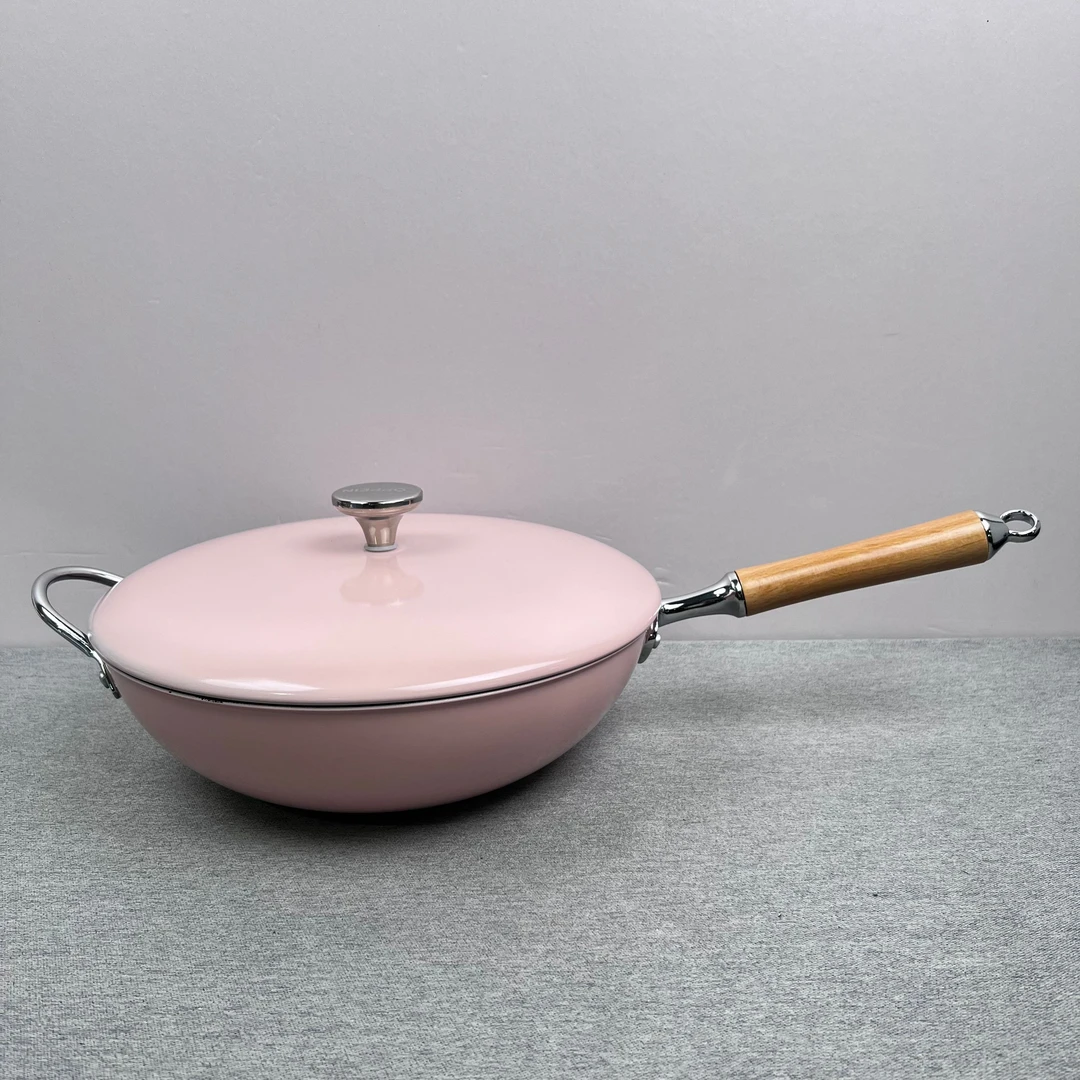3-338 库存无涂层不粘珐琅炒锅32*9.5CM带盖重约2.15KG落樱粉微瑕