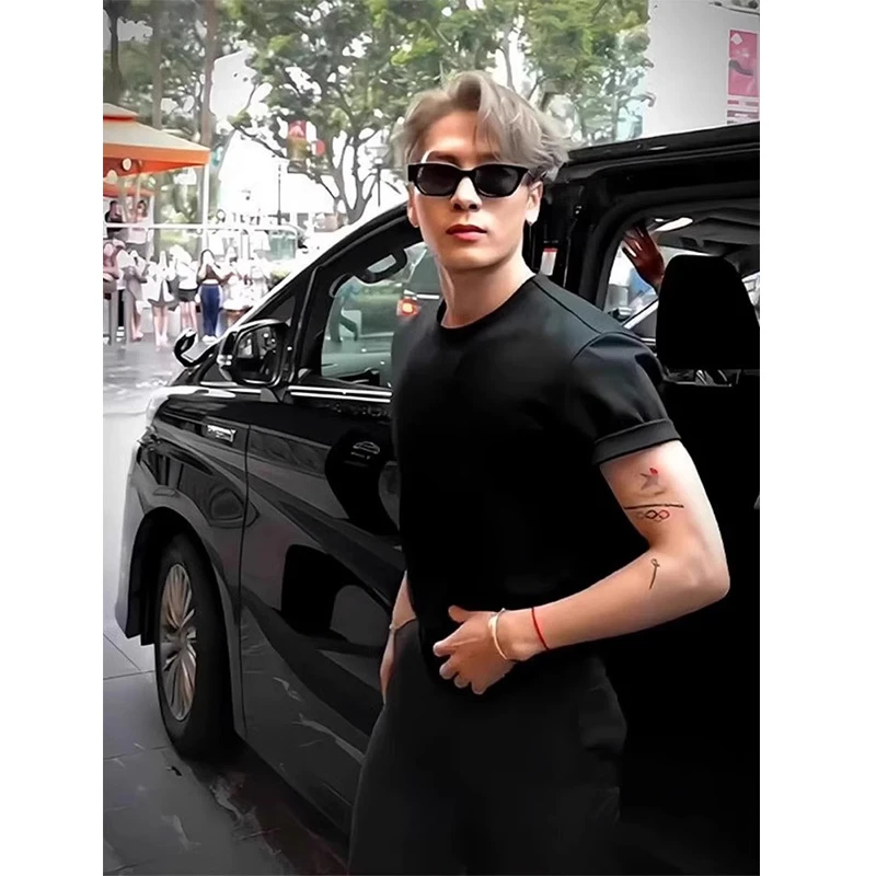 王嘉尔同款t恤男重磅痞帅收袖口短袖cleanfit修身小领口打底半袖