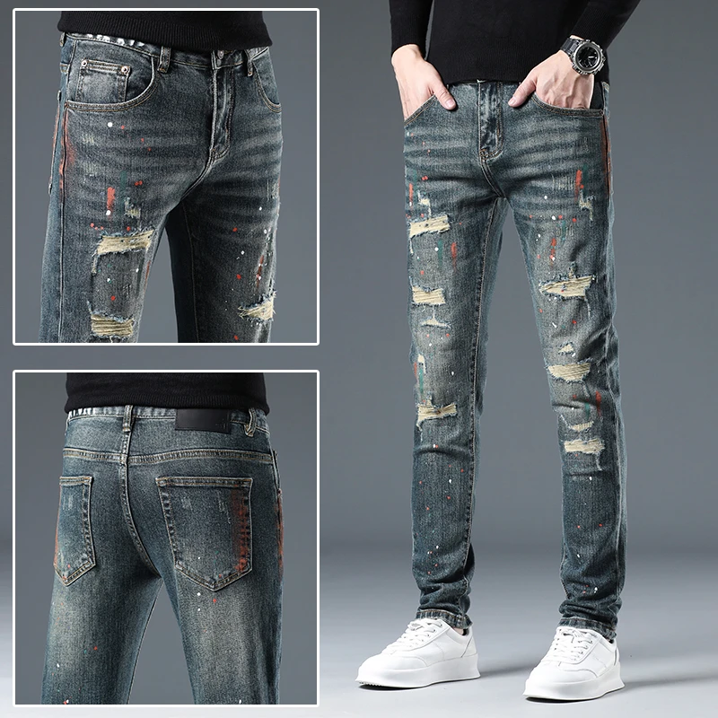 Leekody香港油漆风牛仔裤男韩版破洞补丁休闲裤2025秋冬新款长裤