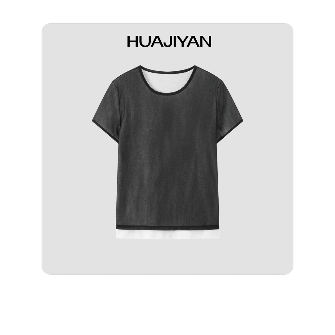 华吉言/HUAJIYAN【砂岩】定制针织面料经典简约圆领撞色假两件