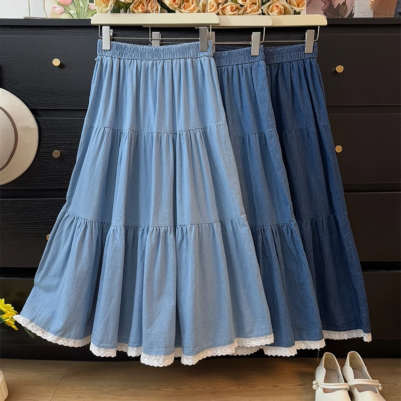 温柔风蕾丝花边拼接牛仔半身裙女春夏2025高腰A字褶皱宽松蛋糕裙