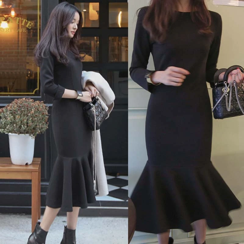 鱼尾连衣裙修身气质连衣裙春秋款礼服小黑裙长袖显瘦