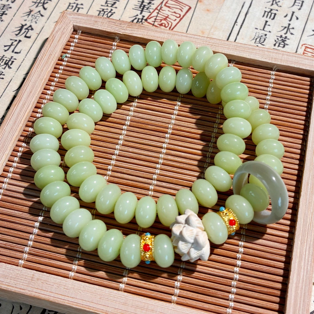 《青荷禅韵》北武当山 青绿色天然菩提根手串双圈手持文玩国风女款