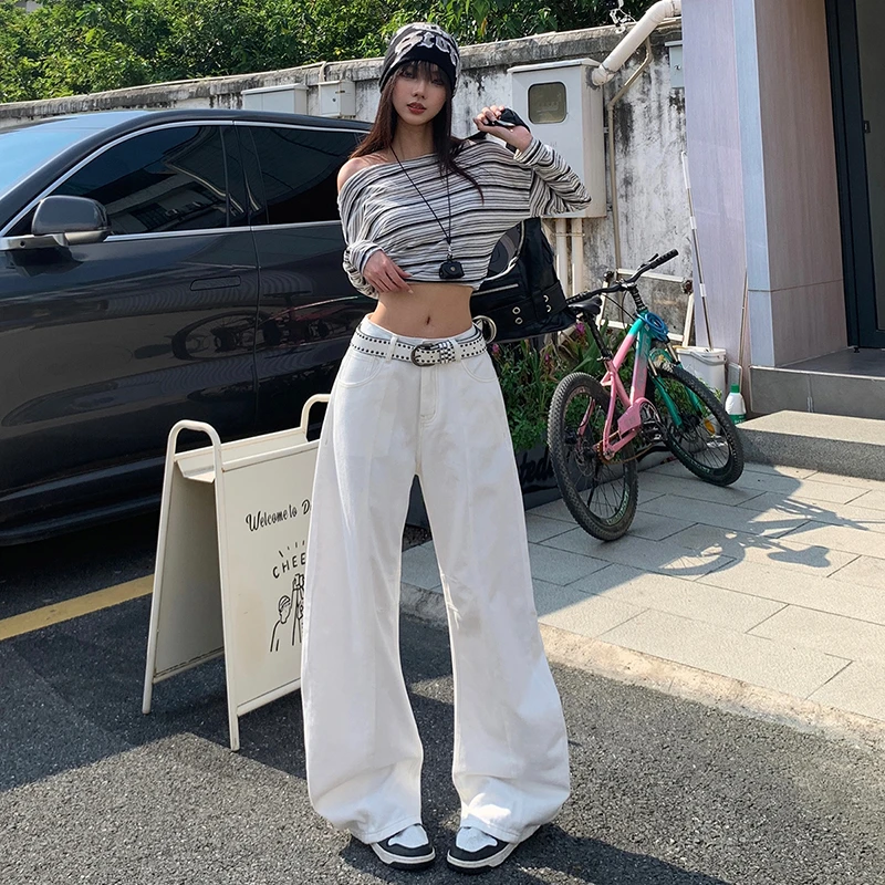 华利尔斯美式复古高腰宽松阔腿裤白色镰刀裤春季百搭牛仔裤女长