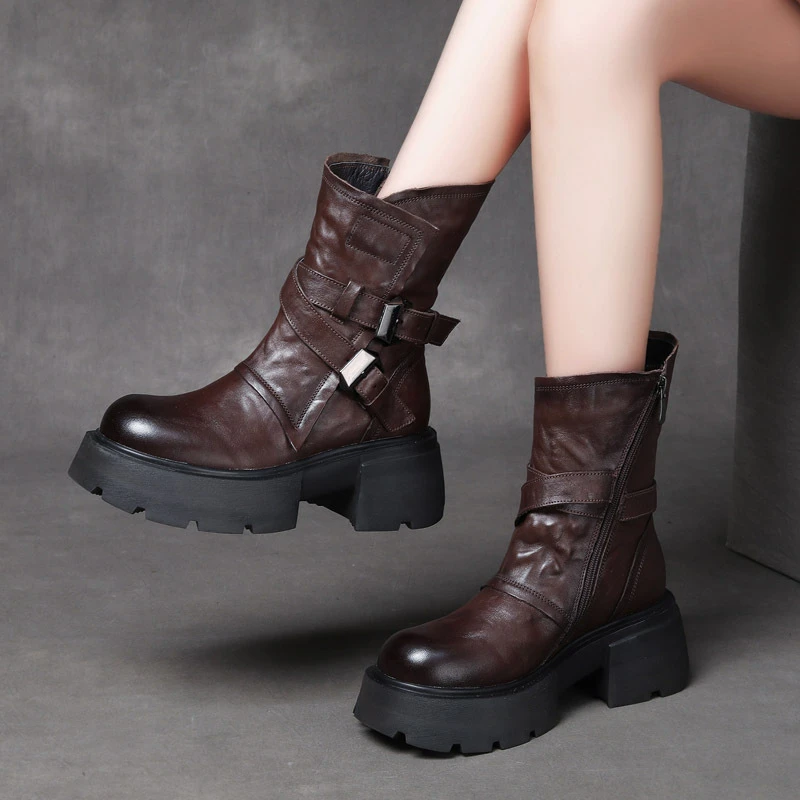 tsko24冬头层牛皮加绒中筒女靴手抓纹真皮搭扣厚底马丁靴粗跟棉靴