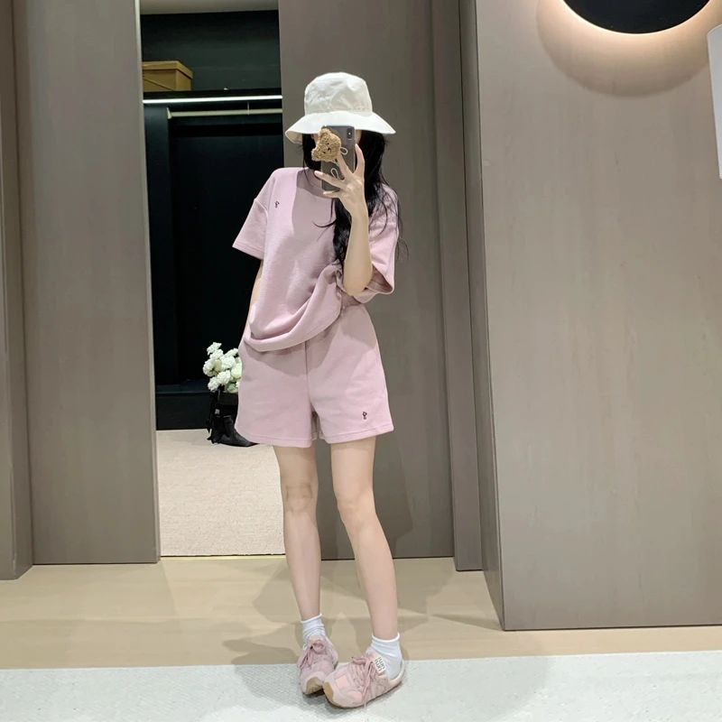 网红休闲女装时尚运动套装夏季爆款洋气炸街粉色短袖短裤两件套潮