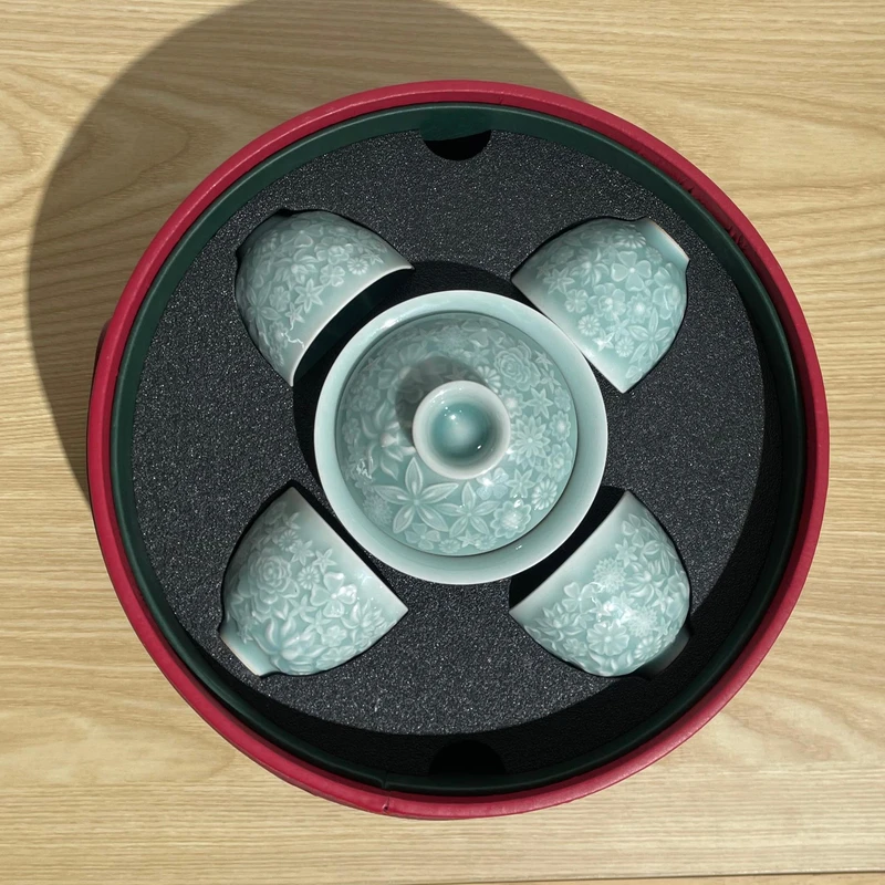 吾游茶器廷怀窑影雕万花盖碗套组旅行茶具