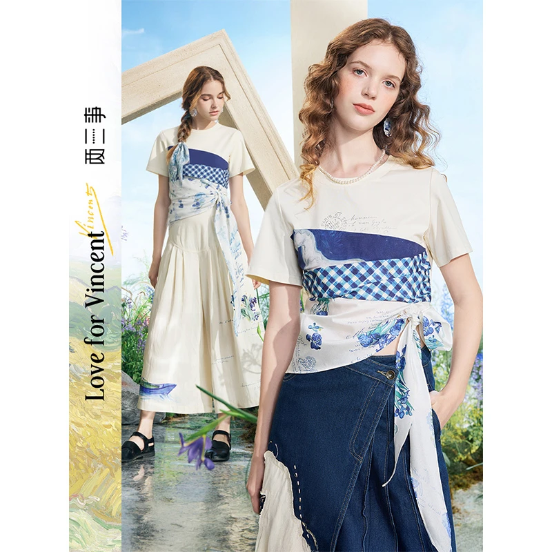 两三事梵高文艺 浮光清影 2025夏季新款印花布拼接绑带短袖t恤女