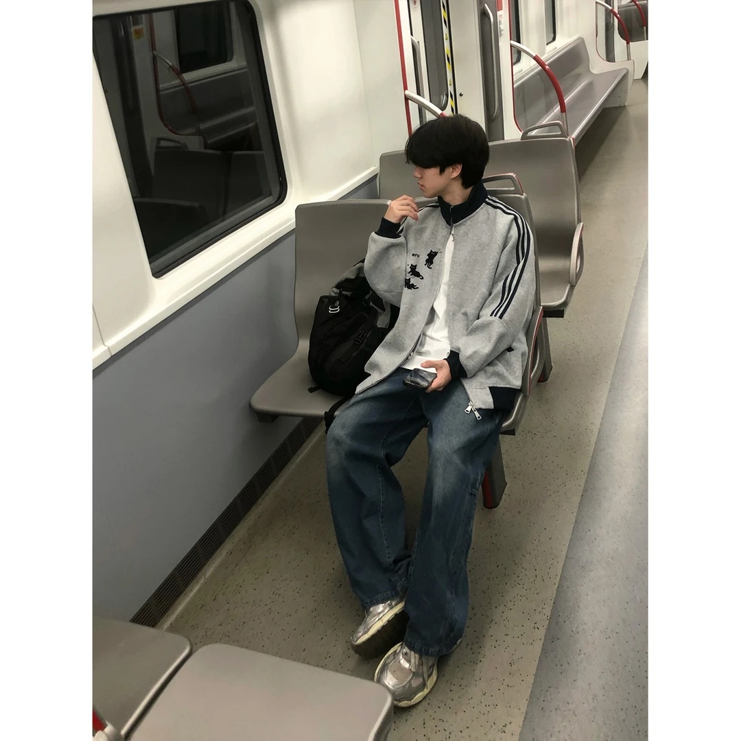 美式简约个性小猫印花三条杠立领开衫外套男女秋冬季休闲情侣卫衣