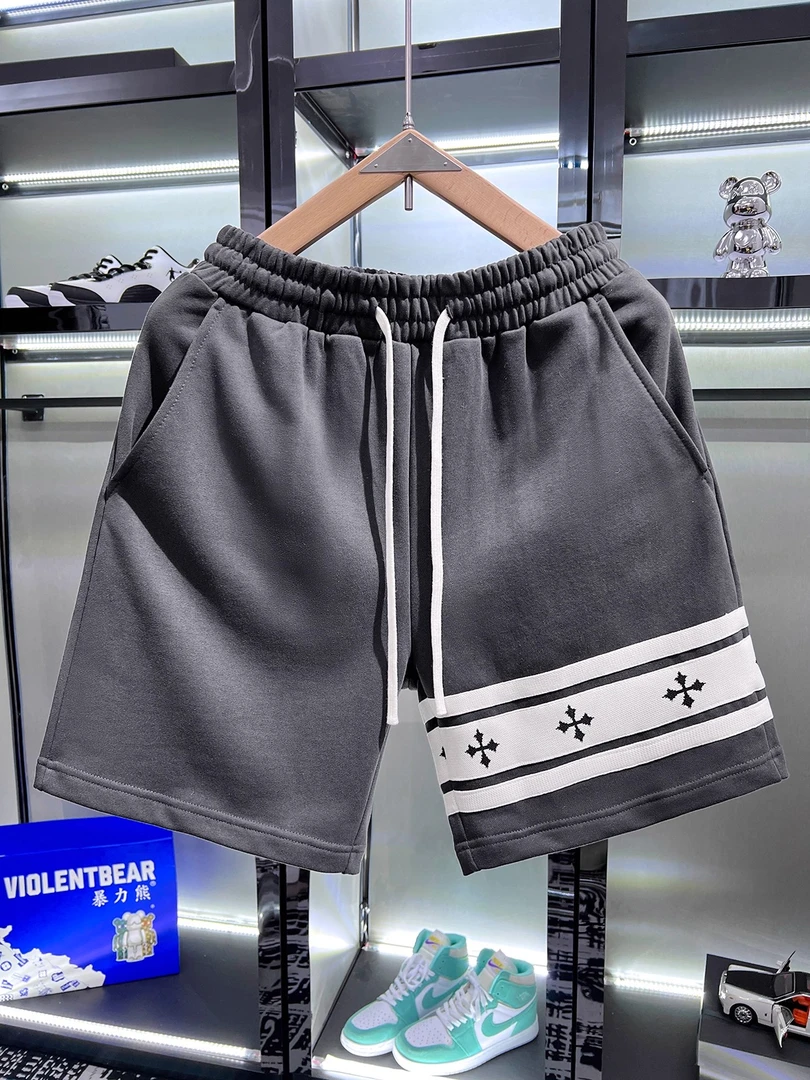 2025夏季黑色直筒短裤男士潮牌条纹织带美式松紧带休闲裤五分裤男