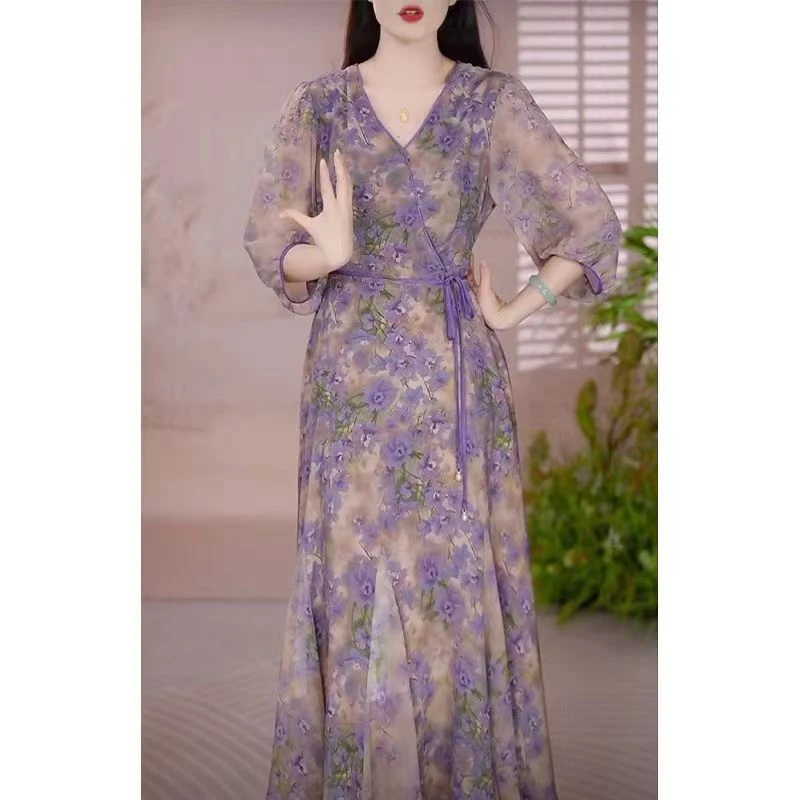 838#新款夏季紫花收腰显瘦时尚洋气气质中长款裙子