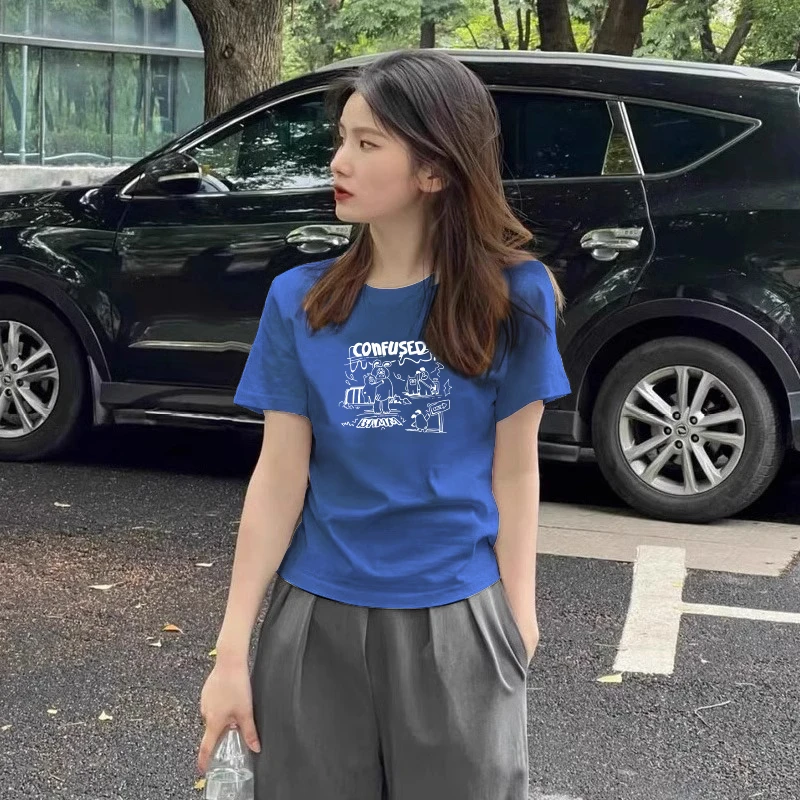 2025夏季新款夏季韩国女装正肩蓝色短袖圆领T恤韩系显瘦上衣