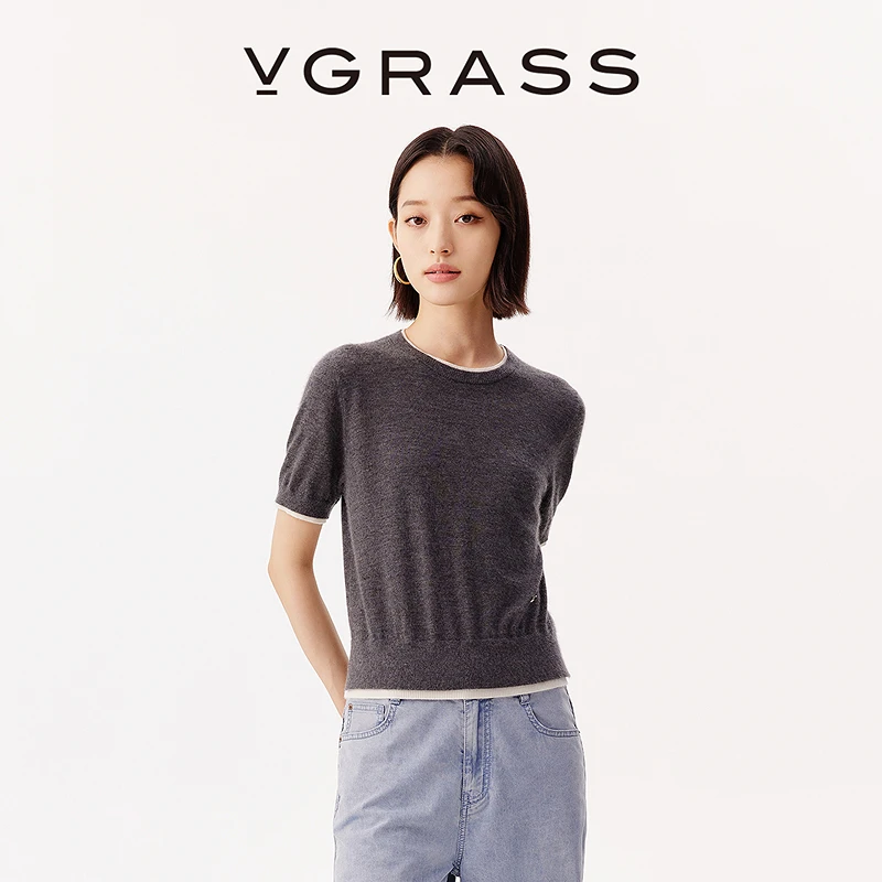 VGRASS假两件撞色针织衫25早秋新款精纺羊绒针织上衣VZZ3Q3666E