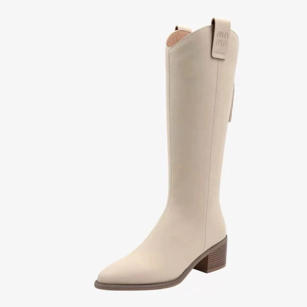 C2589 白色 时尚粗跟尖头气质高筒女长靴 骑士靴