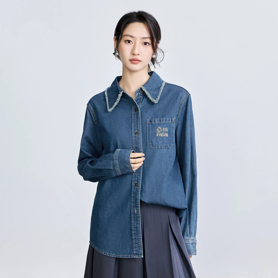 茵曼纯棉时尚复古长袖牛仔衬衫女秋季宽松百搭舒适叠穿衬衣