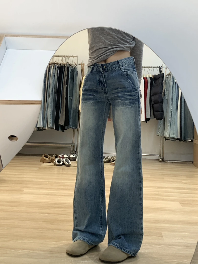 美式复古辣妹低腰微喇直筒牛仔裤女春季宽松显瘦垂感阔腿拖地裤子