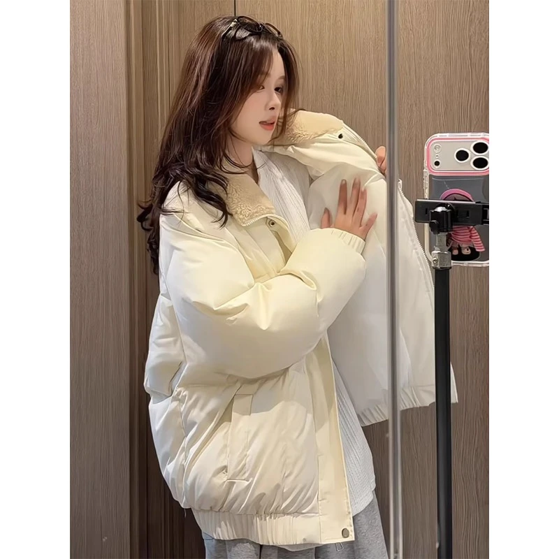 白色小香风棉衣外套男女冬季羊羔毛毛领加棉棉服不显臃肿加厚棉袄
