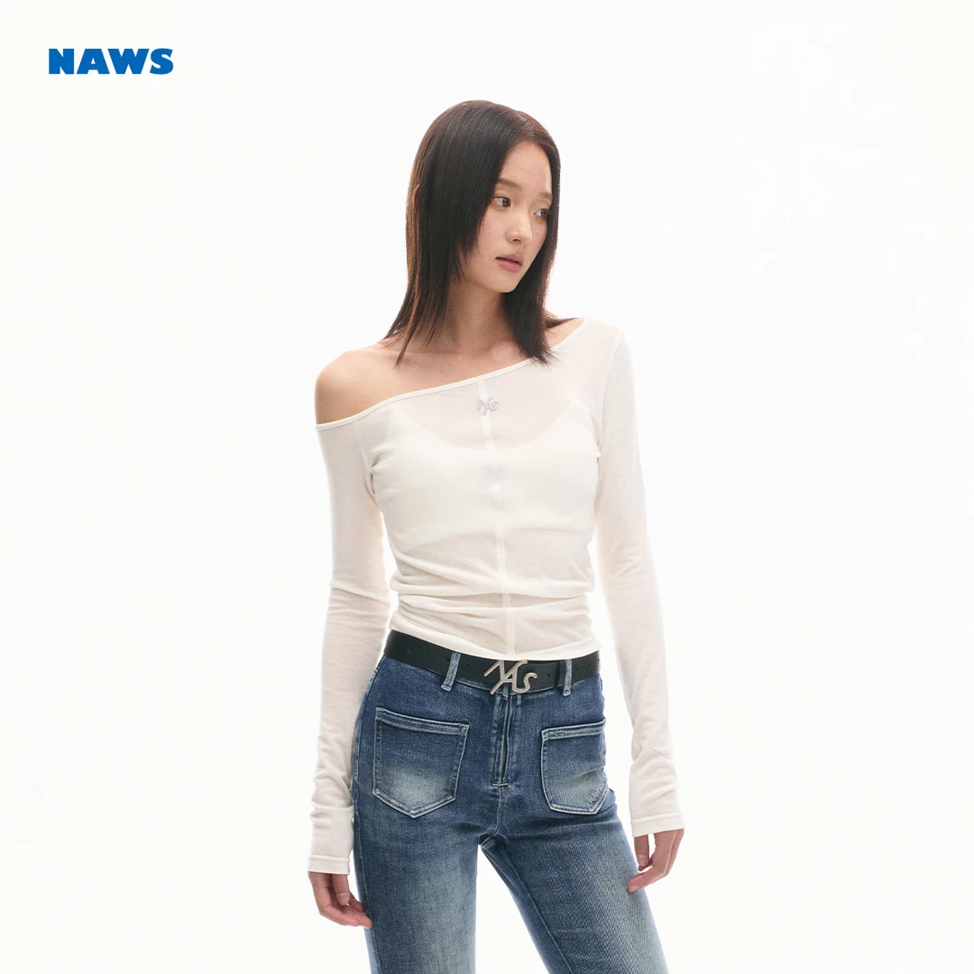 NAWS 虚无斜肩Tee 不对称显瘦轻薄羊毛长袖上衣