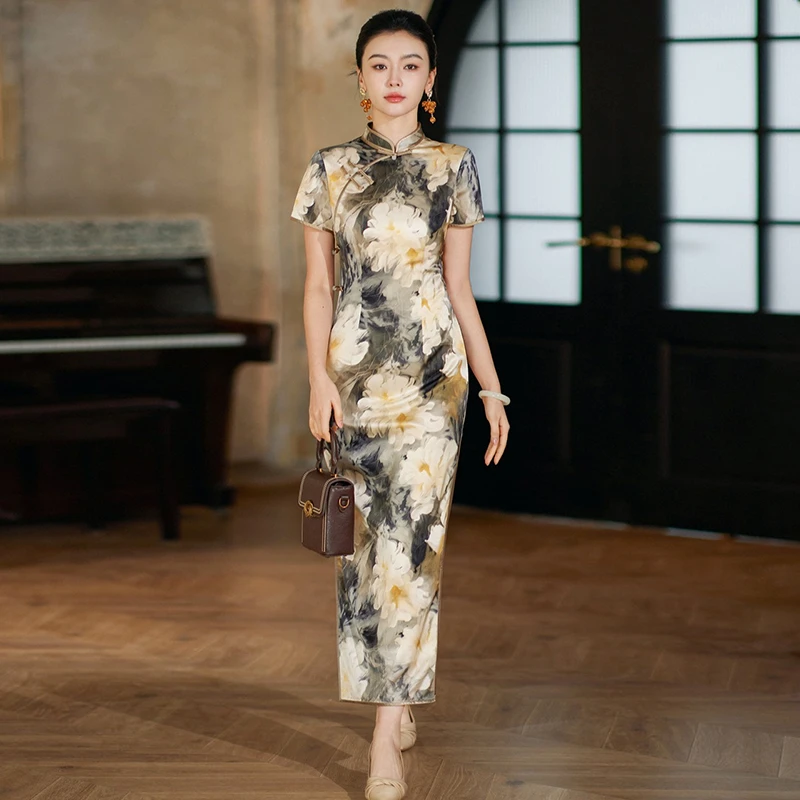 桑蚕丝真丝长款辉煌送考旗袍女2025夏季高级感连衣裙改良复古短袖