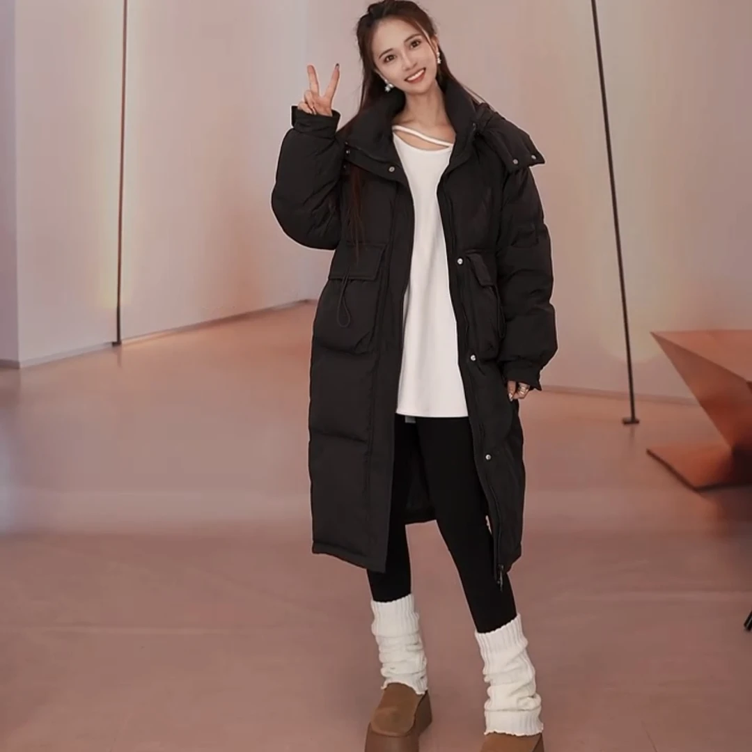 口袋绳子羽绒服中长款连帽宽松过膝加厚保暖韩版百搭冬季休闲时尚