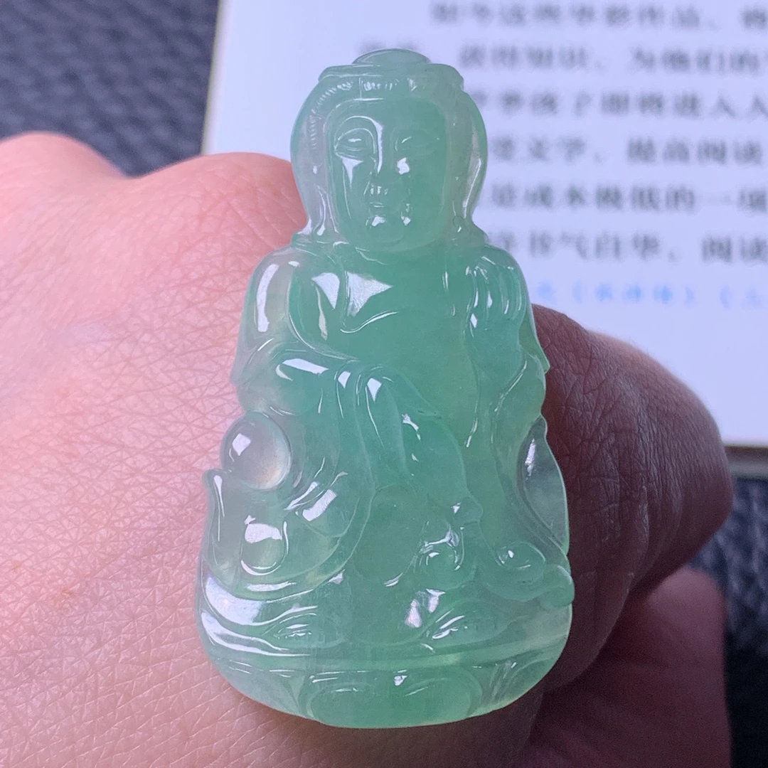天然缅甸a货翡翠冰种满绿果绿站观音随行观音玉挂件吊坠
