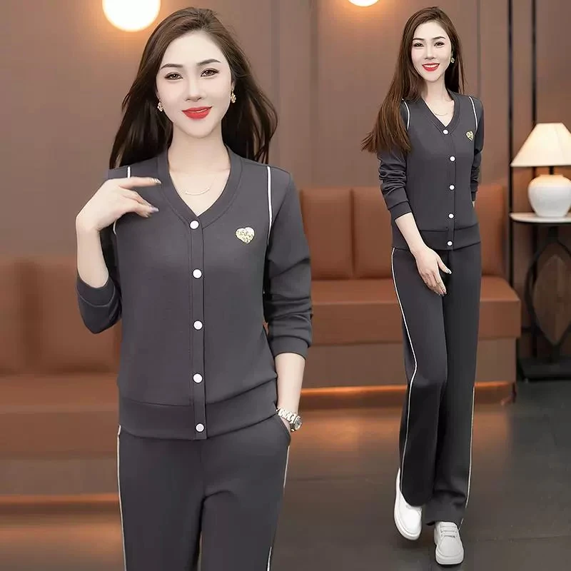 【有间】 休闲运动服套装女春季减龄显瘦V领长袖卫衣阔腿裤两件套