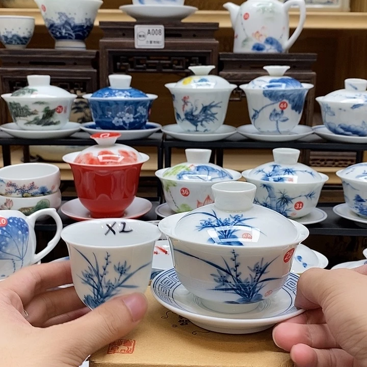 手绘盖碗兰花150cc悬停➕同款主人杯2个装釉下彩微瑕福利款