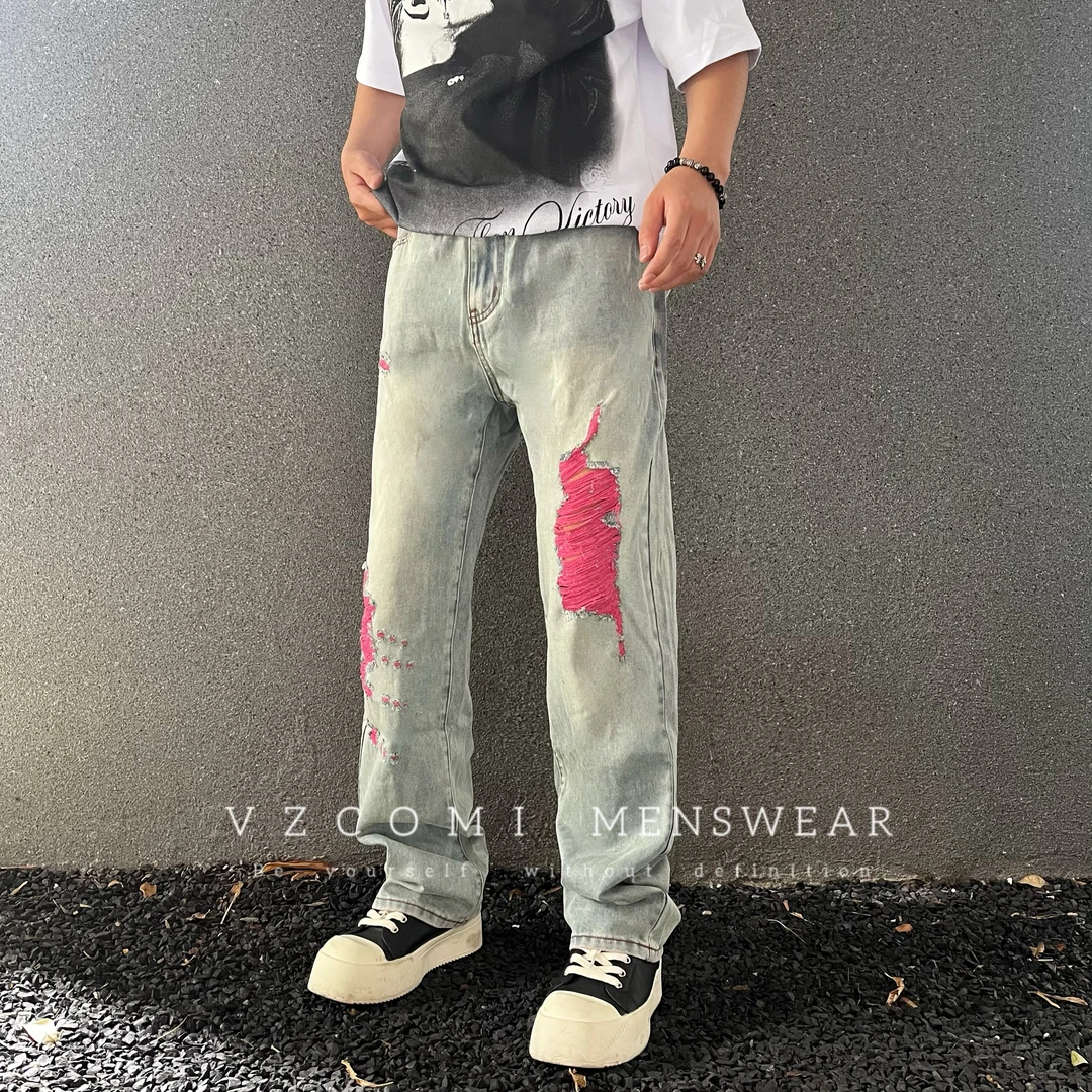 原创潮牌设计感春夏薄款高街破洞牛仔裤男宽松直筒休闲时尚裤子男
