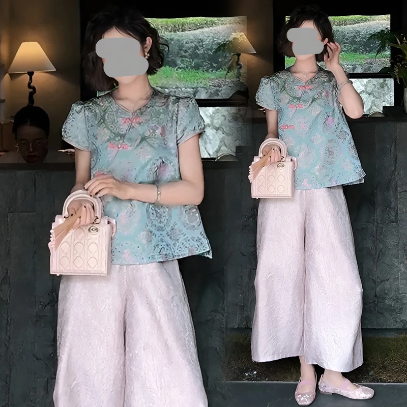 2025超火夏装一整套气质高级感新中式国风印花立领短袖上衣阔腿裤