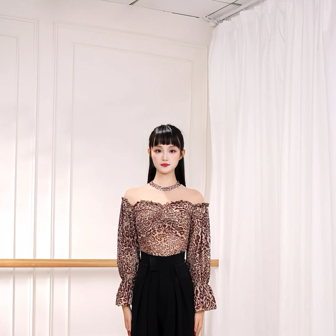 薇拉舞服新款秋季显瘦豹纹上衣连体练功服摩登服拉丁舞SY0115