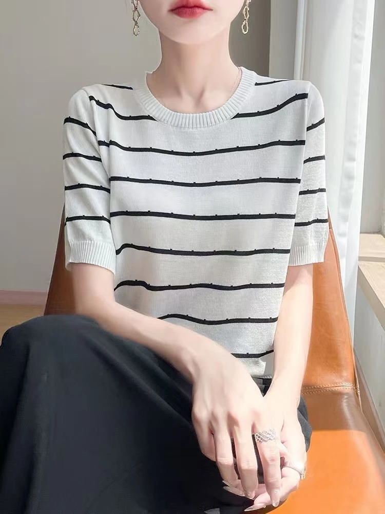 显瘦条纹短袖T恤女夏季2025新款打底衫洋气大码女装天丝针织上衣