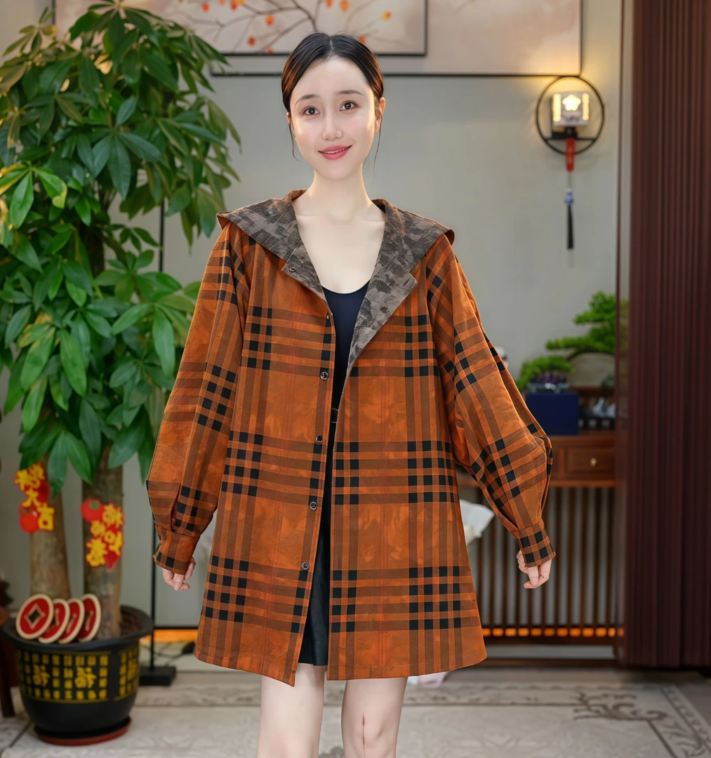 金禧禧【巴格力】格子香云纱带帽双面风衣外套J24386-6