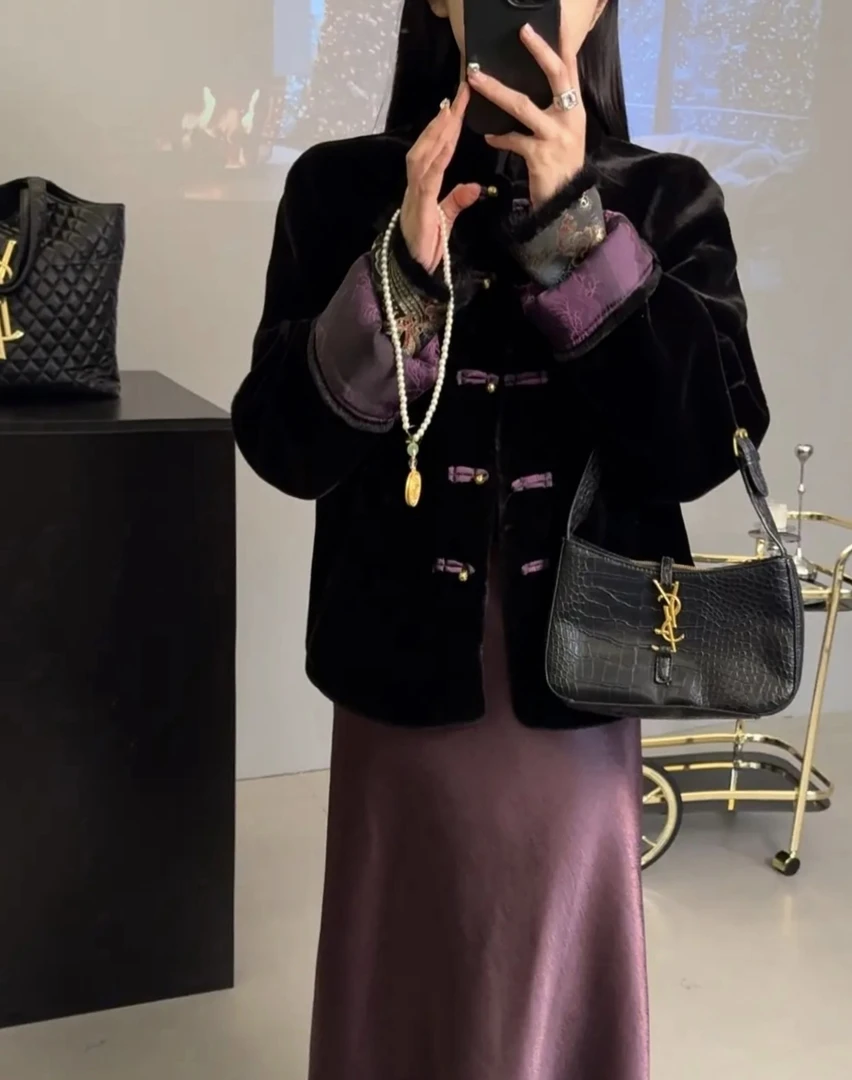 新中式国潮风拼接袖盘扣立领复古时尚毛毛外套