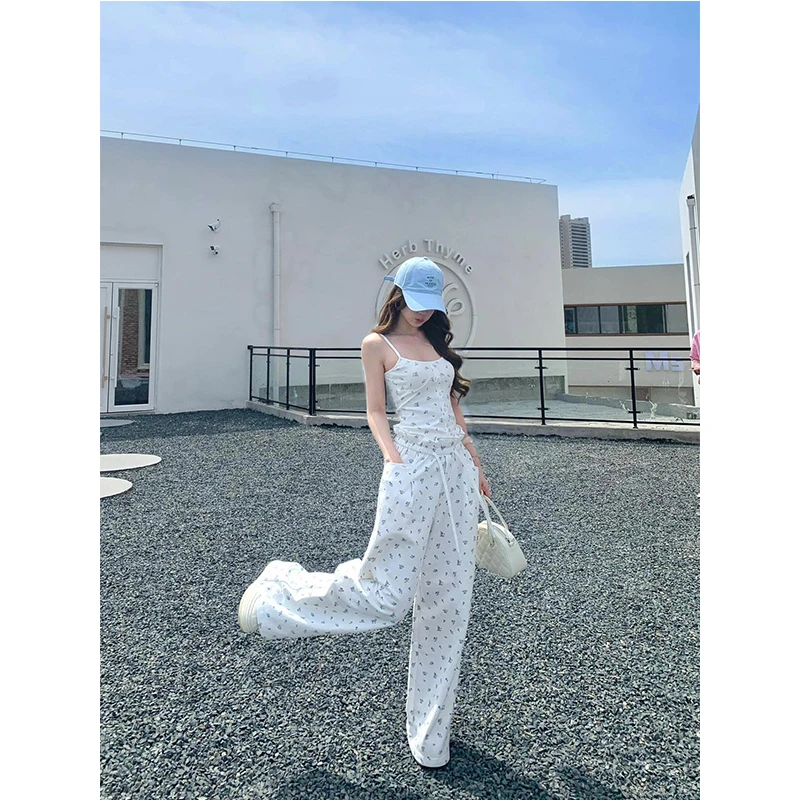 2025夏季韩系纯欲风辣妹碎花吊带背心女上衣休闲阔腿长裤时尚套装