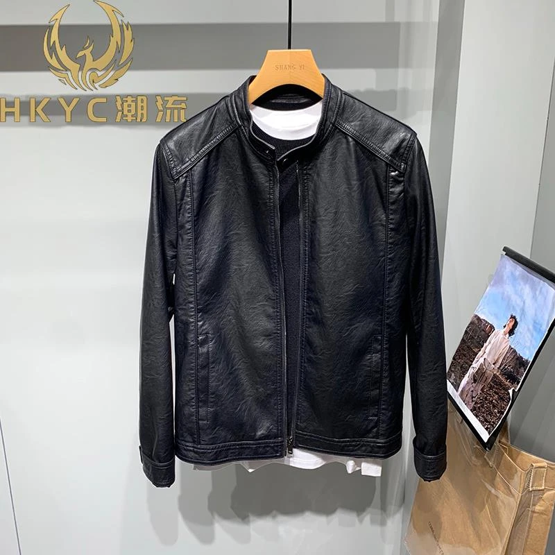 HKYC原创美式简约时尚立领机车皮衣男秋冬韩版潮流修身皮夹克外套