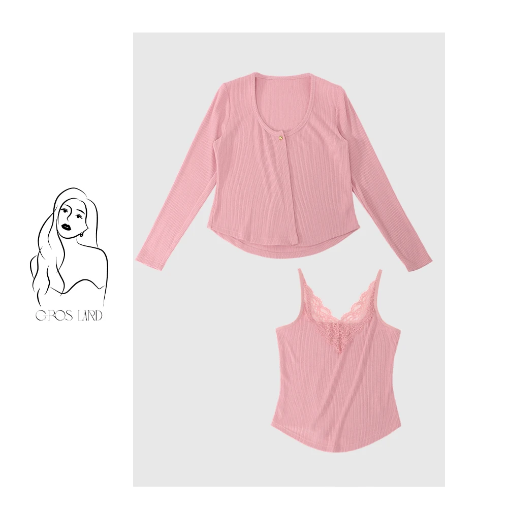 多肉宝贝春秋蕾丝拼针织吊带+开衫两件套女A0145