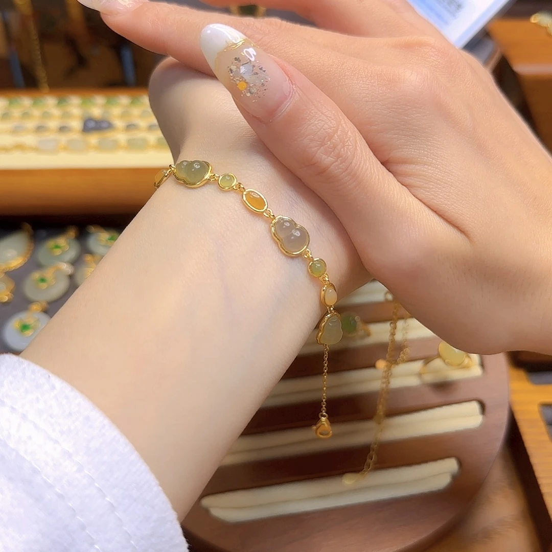 和田玉手链银S925镀金镶嵌