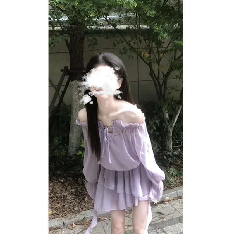 法式紫色一字肩连衣裙女设计感春夏季不规则纯欲风薄款微透短裙子