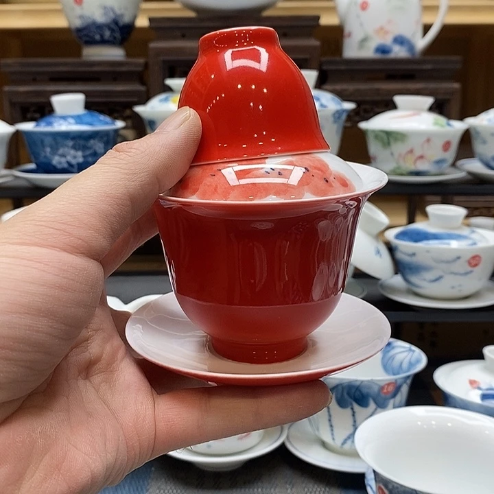 手绘微瑕荷花盖碗加1杯