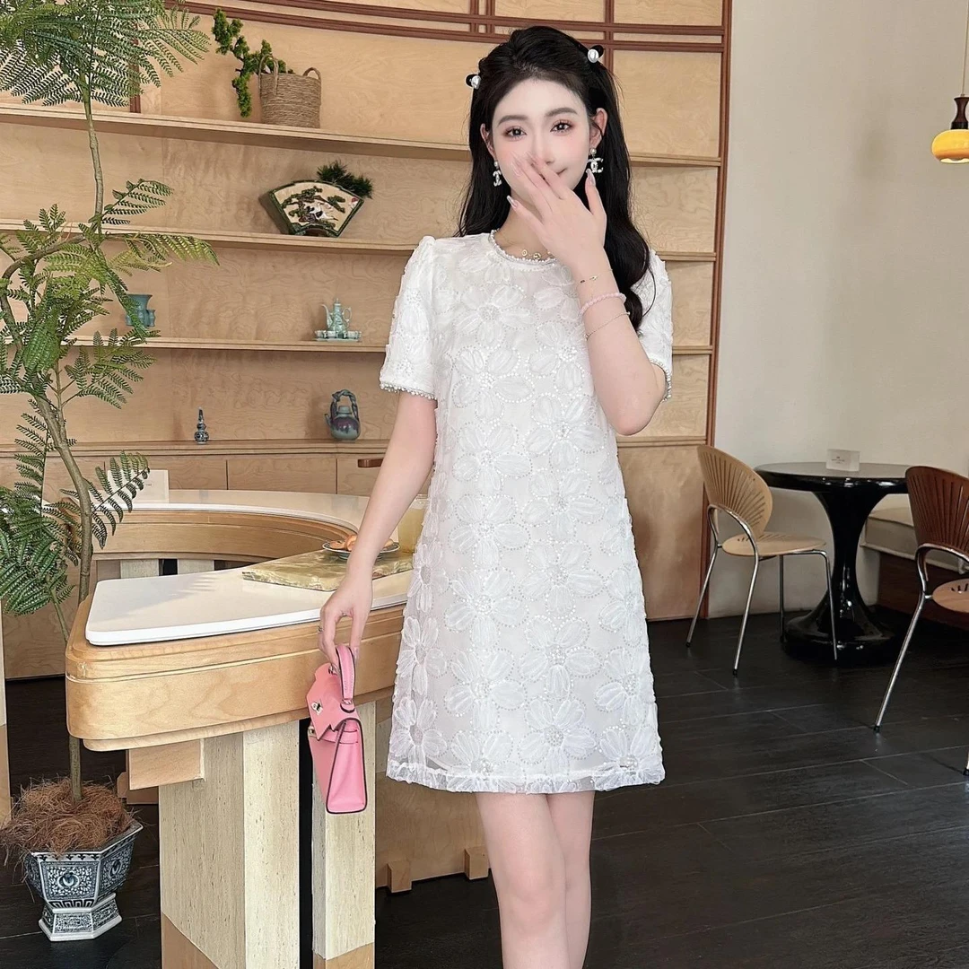 5621春夏蕾丝显瘦亮片串珠珠片连衣裙气质淑女公主甜美可爱