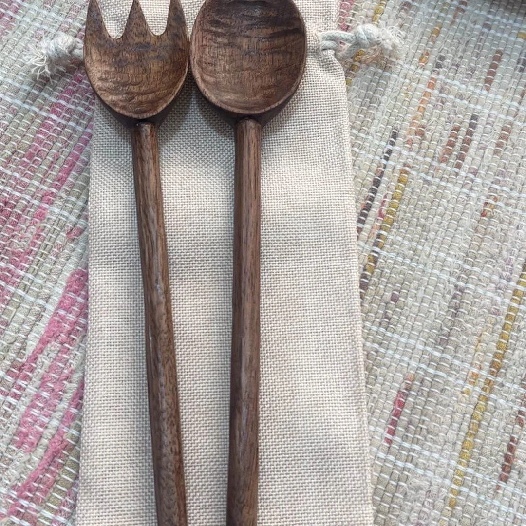 陶手工黑胡桃木勺叉一对