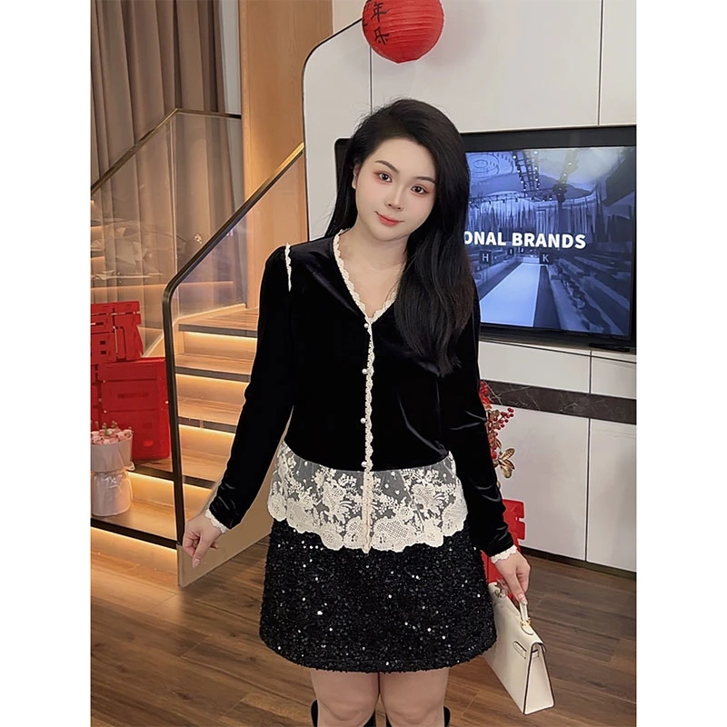 大梦微胖定制【JMQ316】时尚气质法式日常显瘦遮肉蕾丝上衣+半裙