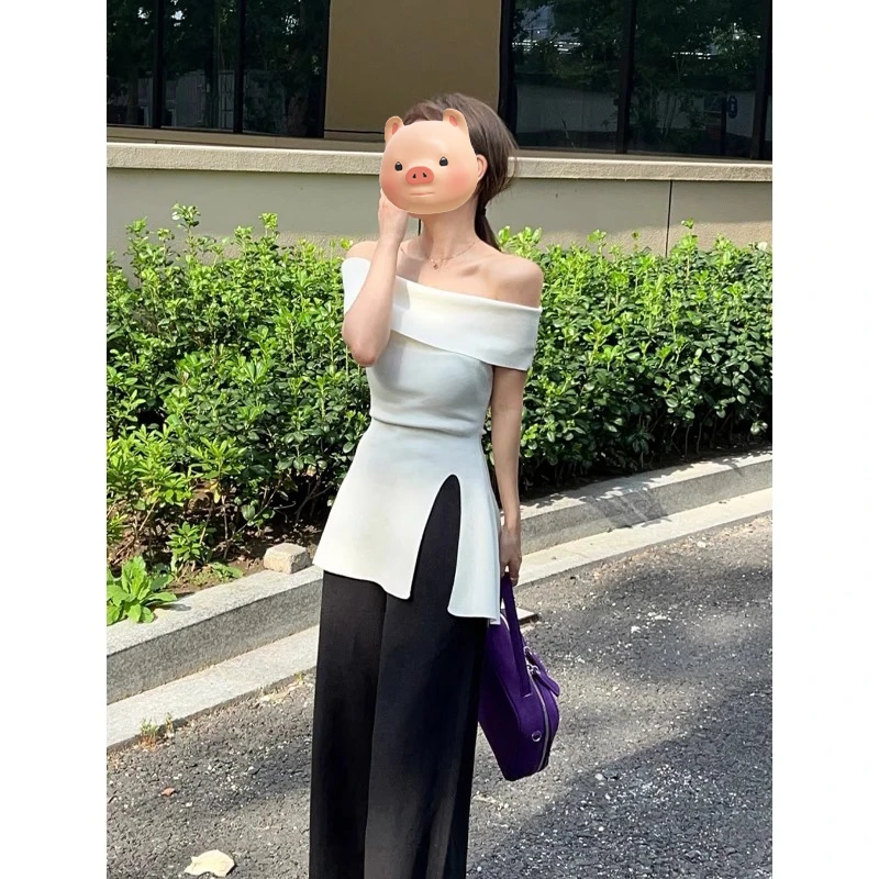 法式一字肩冰丝针织短袖T恤女夏季独特漂亮初夏修身露肩开叉上衣