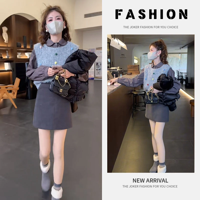 早春时尚一整套女装2025新款韩版百搭衬衫针织马甲半身裙三件套