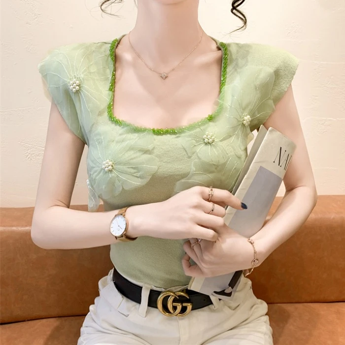 实拍 2025新款韩版时髦气质蕾丝拼接重工钉钻短袖针织衫女上衣潮