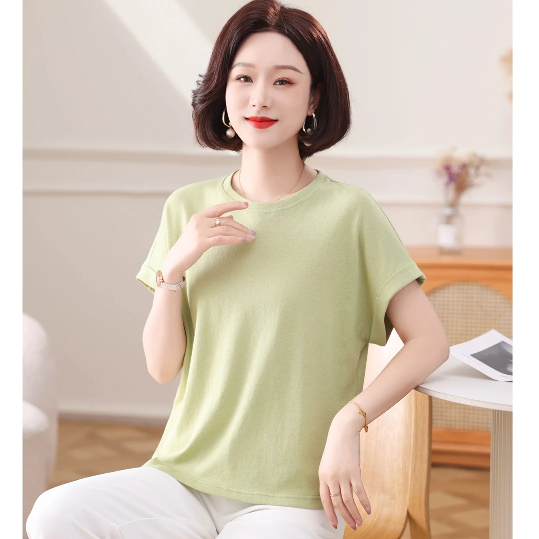 夏季新款洋气短袖女圆领棉麻上衣宽松薄款T恤百搭显瘦休闲2503