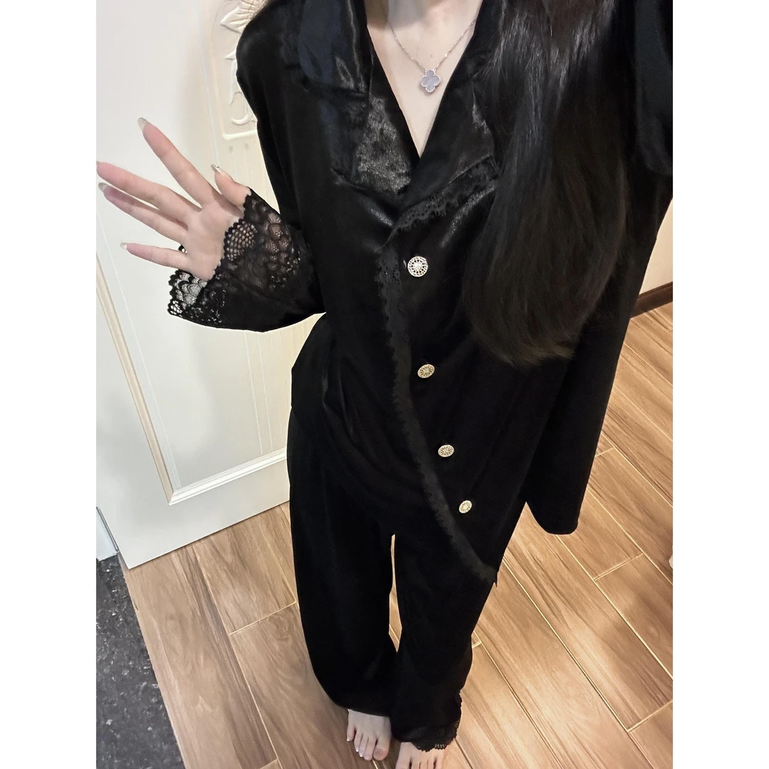 法式轻奢黑色金丝绒睡衣女秋冬季蕾丝边加绒保暖家居服套装可外穿