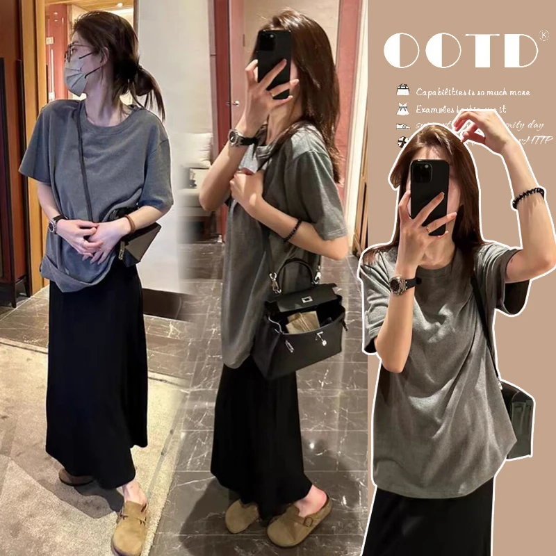 孕妇装夏装2025新款韩系慵懒休闲宽松短袖T恤鱼尾半身裙夏季外穿