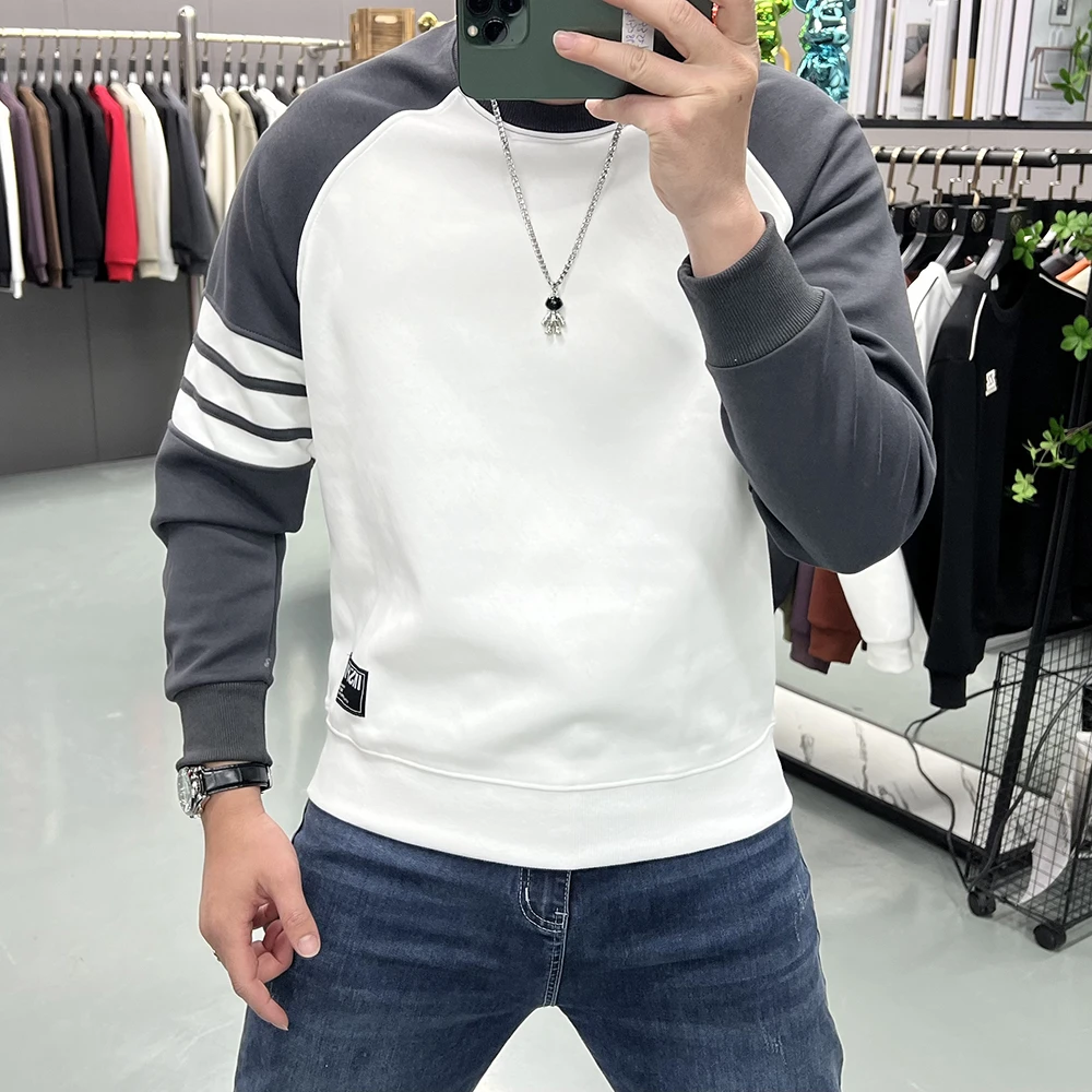 男士卫衣秋冬圆领套头拼接时尚上衣韩版男装加绒休闲冬季潮流长袖