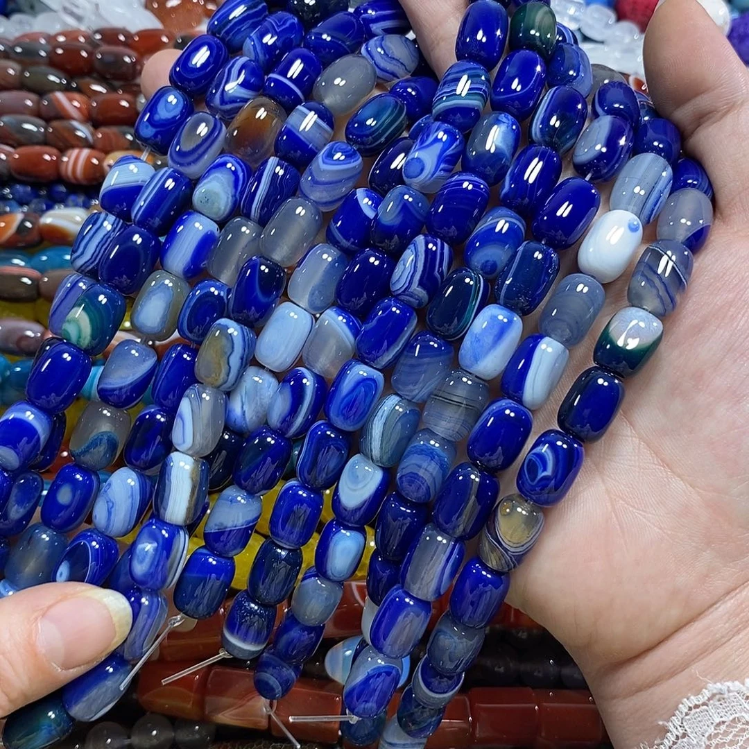 玛瑙/玉髓未镶嵌珠宝半成品蓝玛瑙桶珠一条卡10*14mm